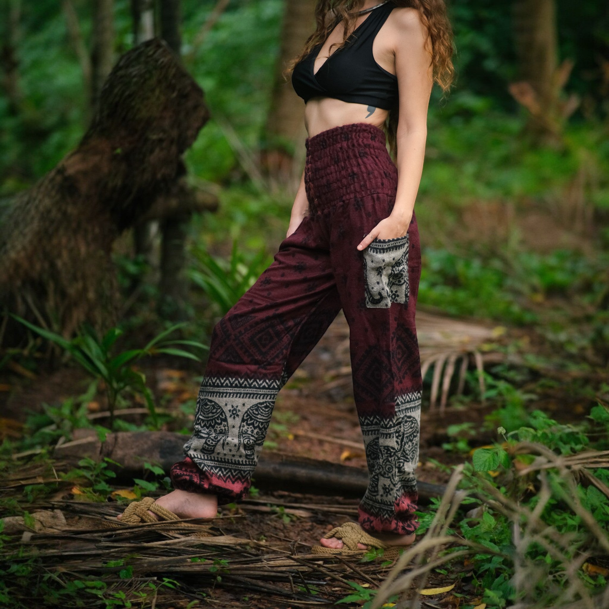 Elephant Print Warm Harem Blanket Pants with Pockets - Maroon/Burgundy