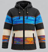 Women's charcoal wool hooded jacket with blue knitted chest panels, cream sections, rainbow detailing and front zip.