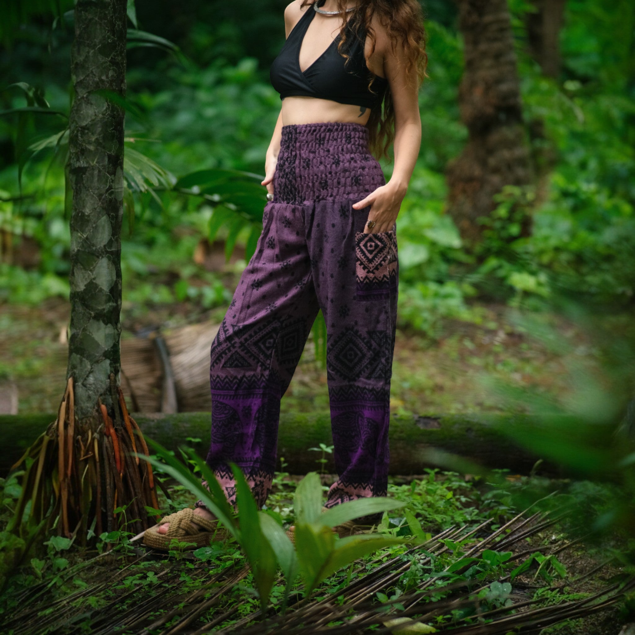 Elephant Print Warm Harem Blanket Pants with Pockets - Purple