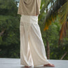 Cream Thai fisherman pants made from a soft hemp and cotton blend, tall prototype design for men 6'2"+, perfect for yoga, meditation, travel, and relaxed boho summer style.