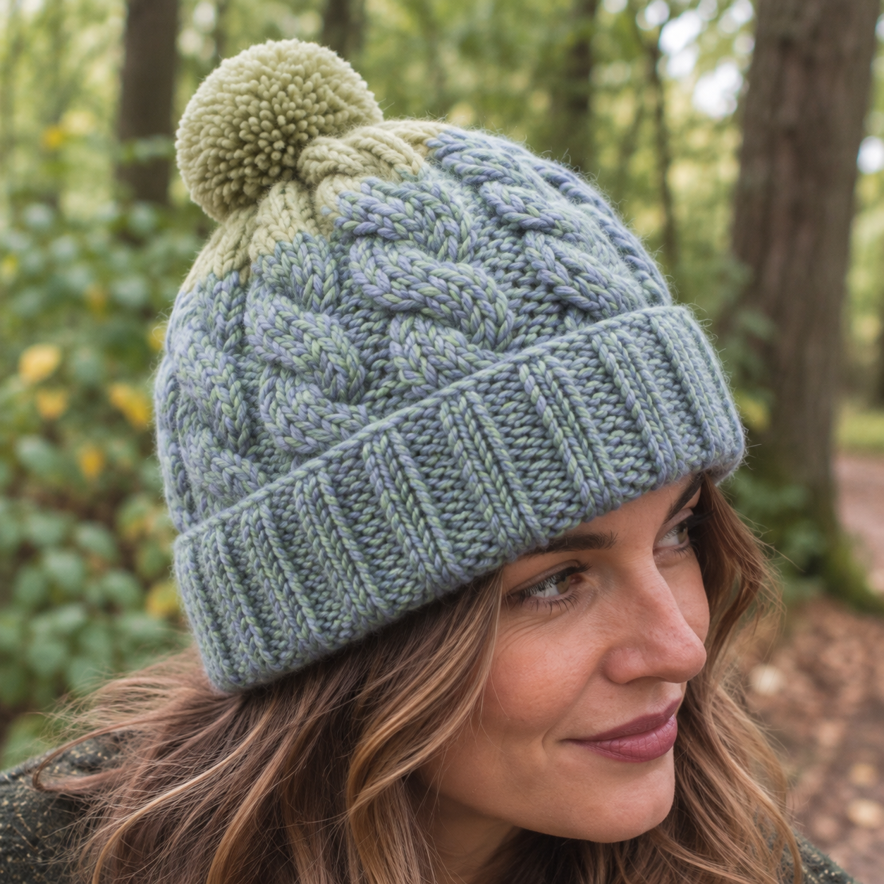 Duck Egg Blue & Green Chunky Cable Knit Wool Hat with Pom Pom