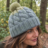 Duck Egg Blue & Green Chunky Cable Knit Wool Hat with Pom Pom