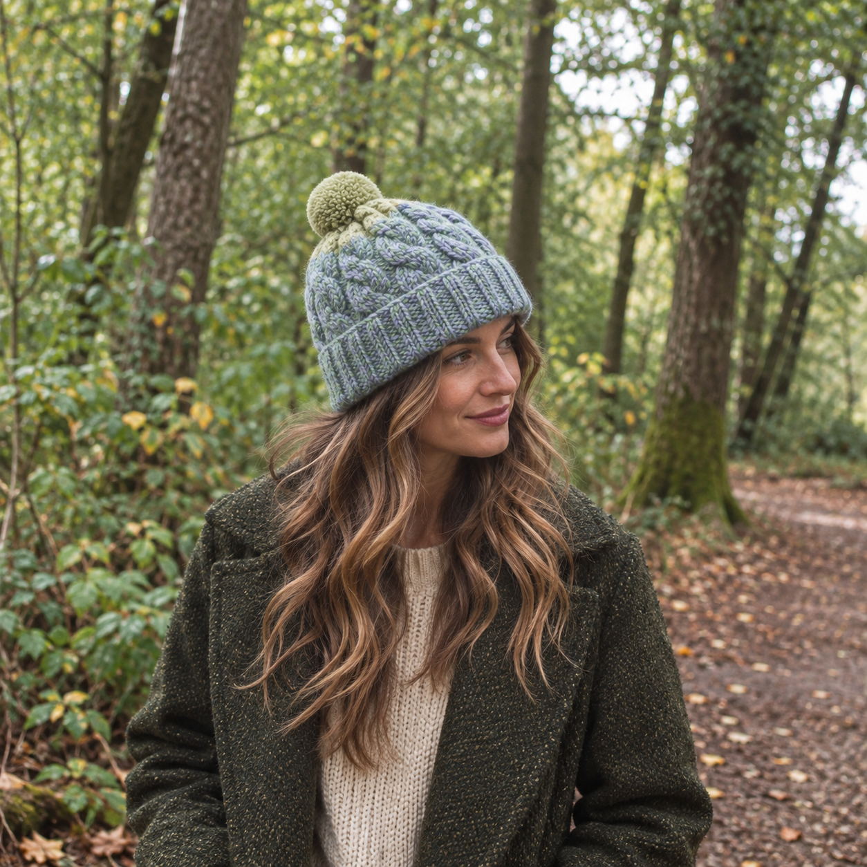 Duck Egg Blue & Green Chunky Cable Knit Wool Hat with Pom Pom