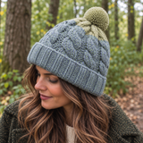 Duck Egg Blue & Green Chunky Cable Knit Wool Hat with Pom Pom