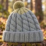 Duck Egg Blue & Green Cable Knit Wool Hat with Pom Pom - Fleece Lined