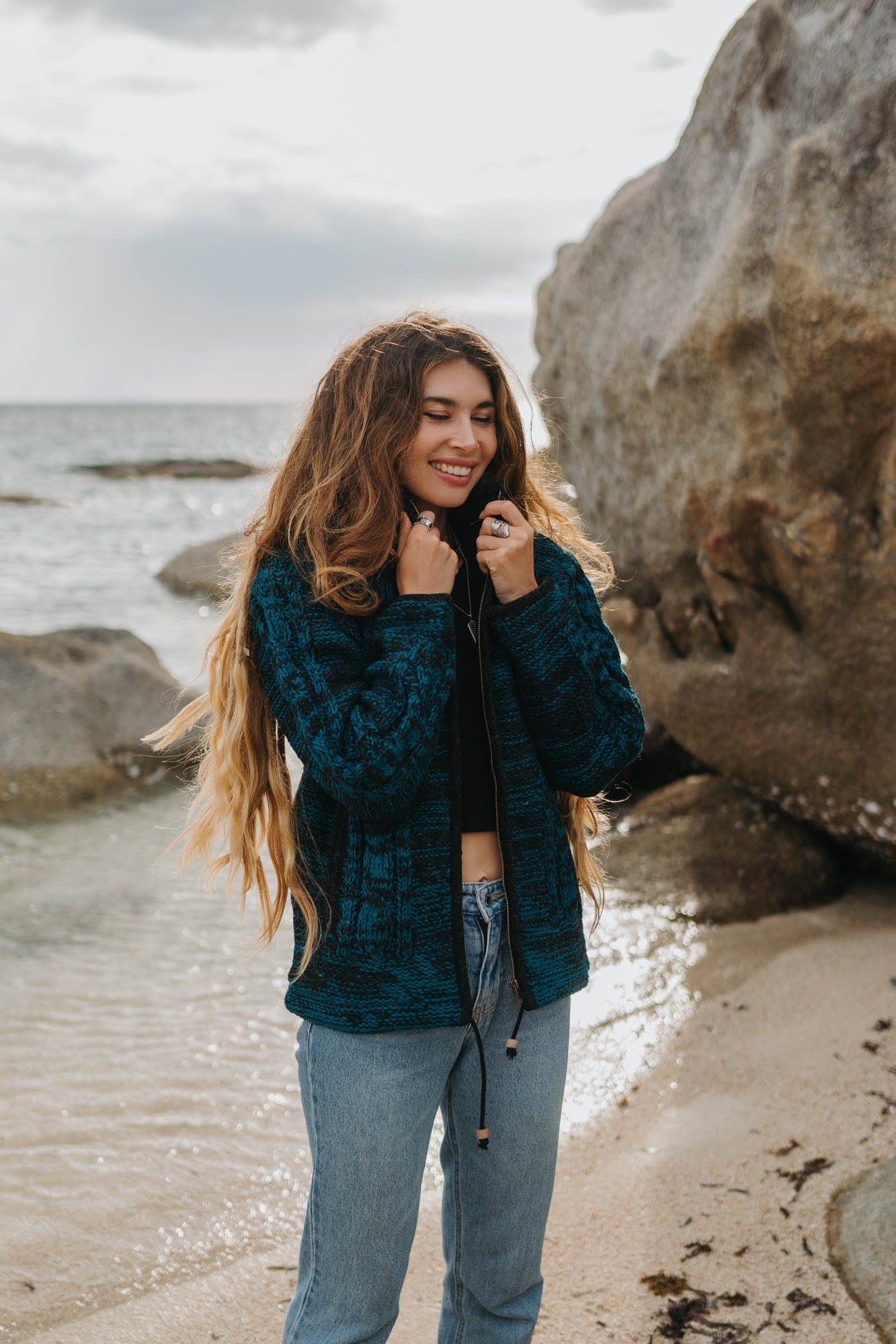 Wool Jacket - Cable Knit Aran - Teal