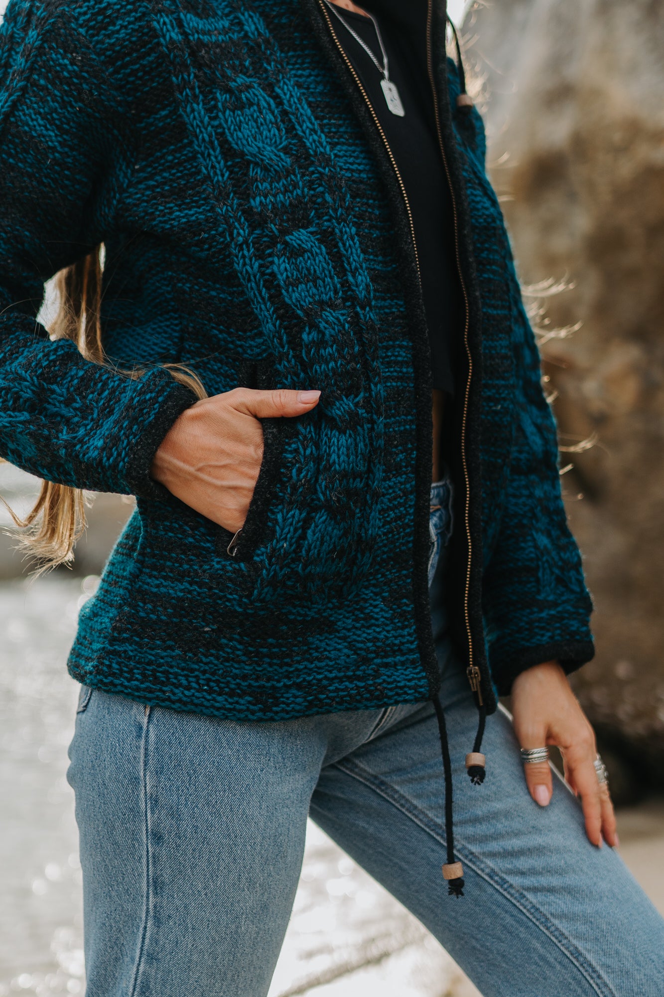 Wool Jacket - Cable Knit Aran - Teal