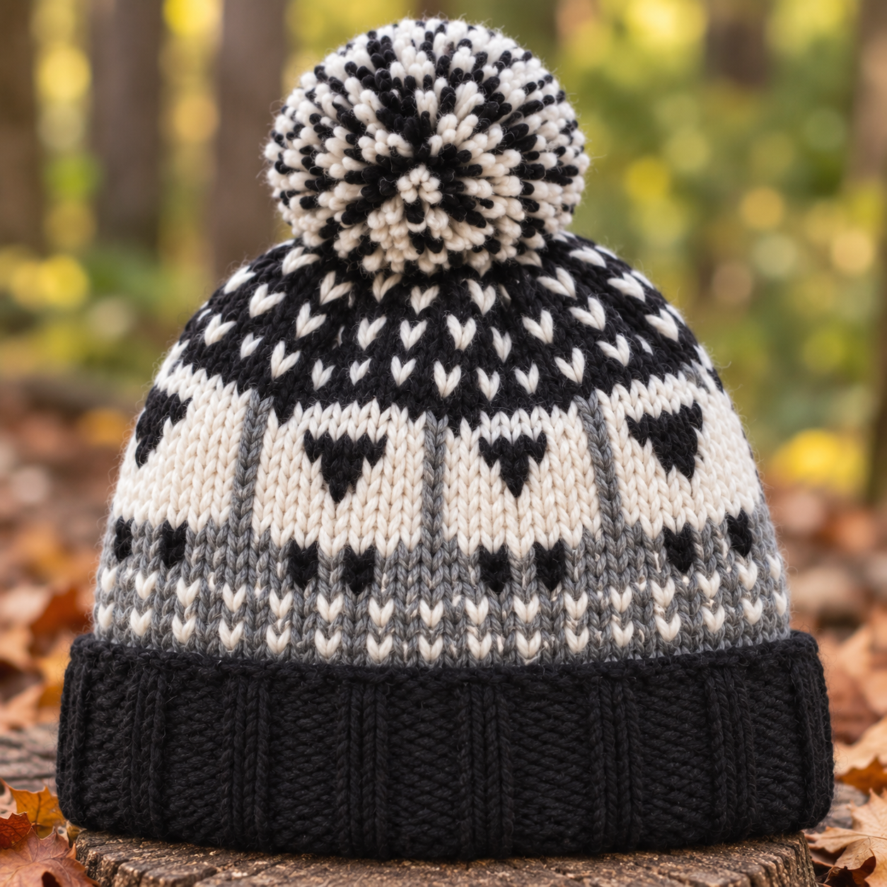 Grey, Cream & Black Sheep Wool Hat with Pom Pom - Fleece Lined