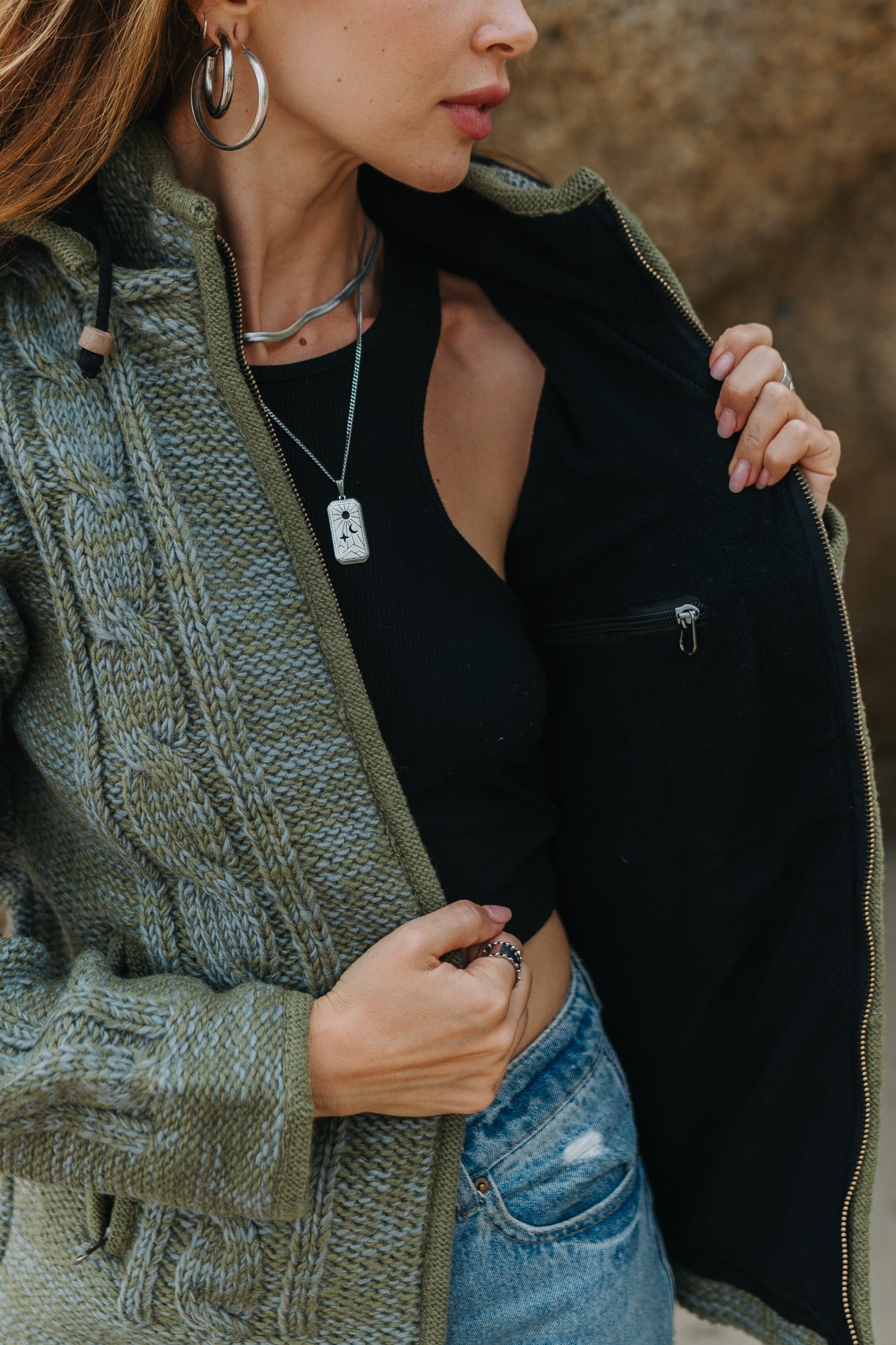 Wool Jacket - Cable Knit Aran - Olive Green