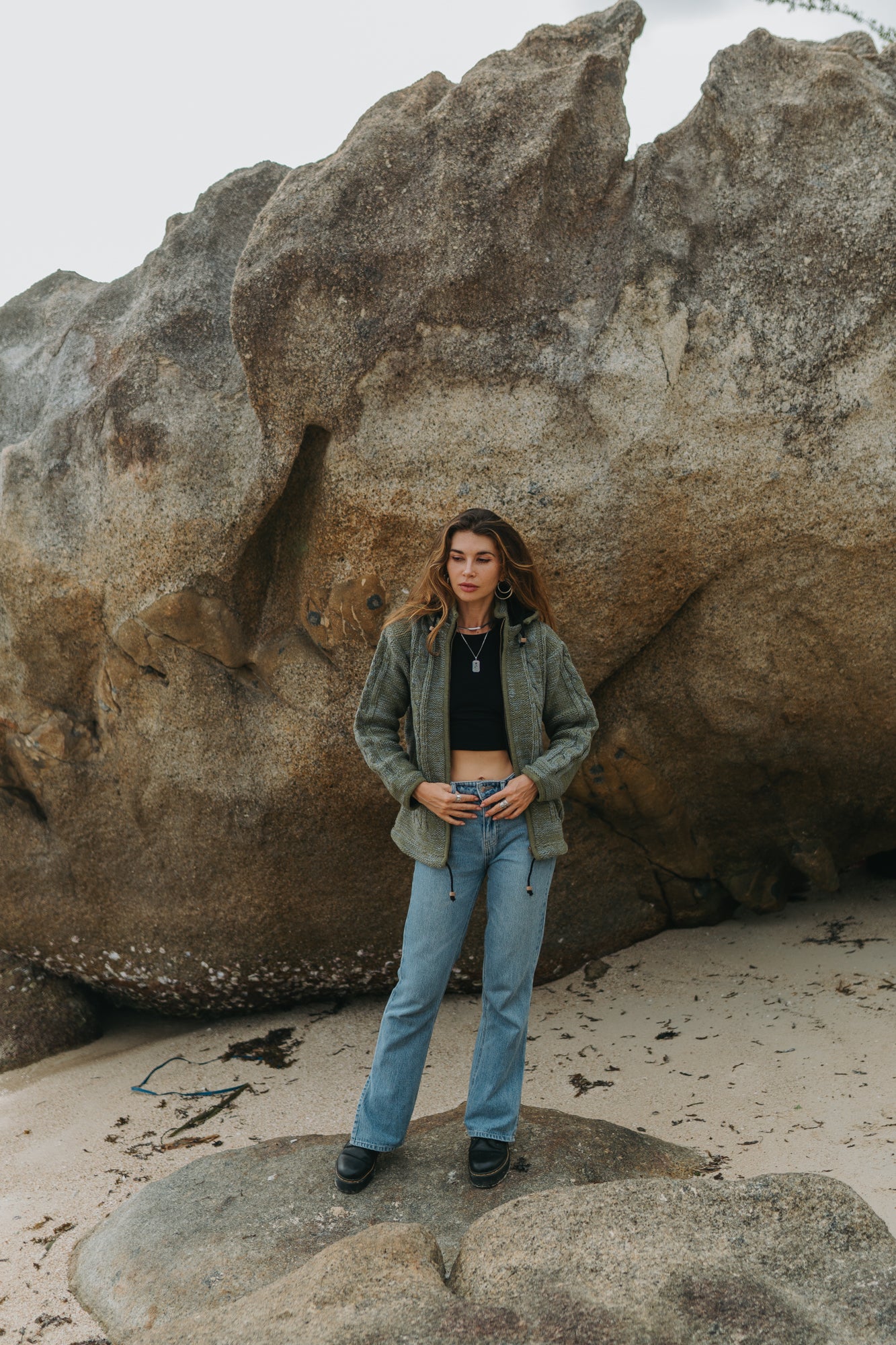 Wool Jacket - Cable Knit Aran - Olive Green