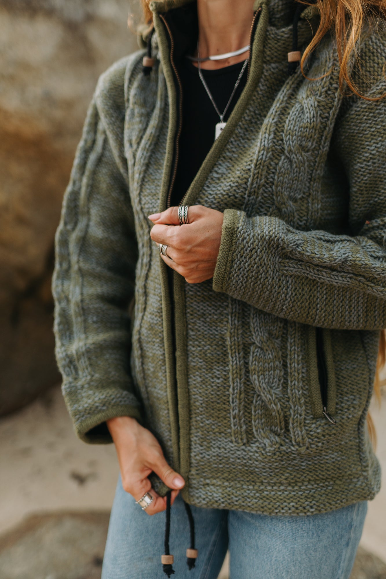 Wool Jacket - Cable Knit Aran - Olive Green