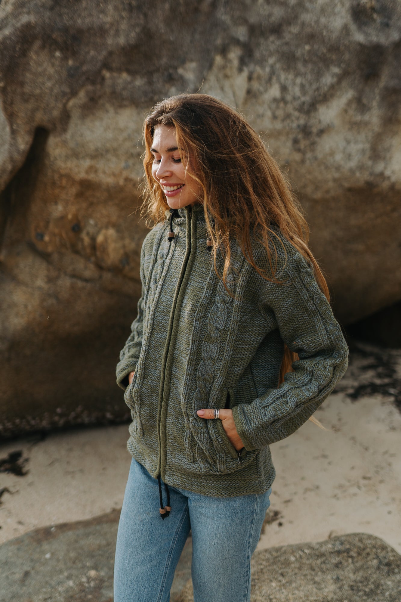 Wool Jacket - Cable Knit Aran - Olive Green