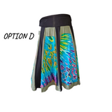 unique artisan patchwork skirt with purple, blue and yellow tie-dye patters and olive green trim