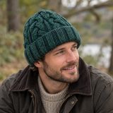 Green & Charcoal Cableknit Wool Hat - Fleece Lined