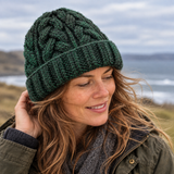 Green & Charcoal Cableknit Wool Hat - Fleece Lined