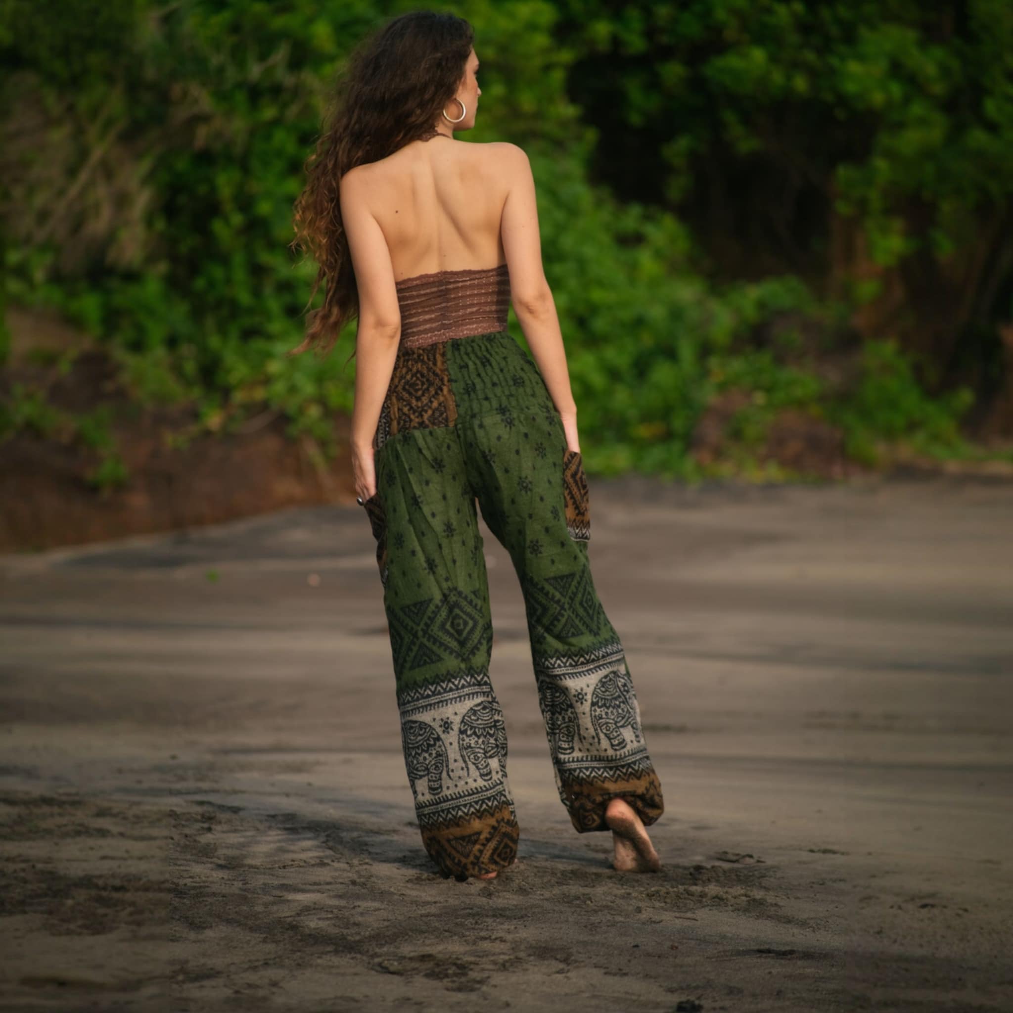 Elephant Print Warm Harem Blanket Pants with Pockets - Green