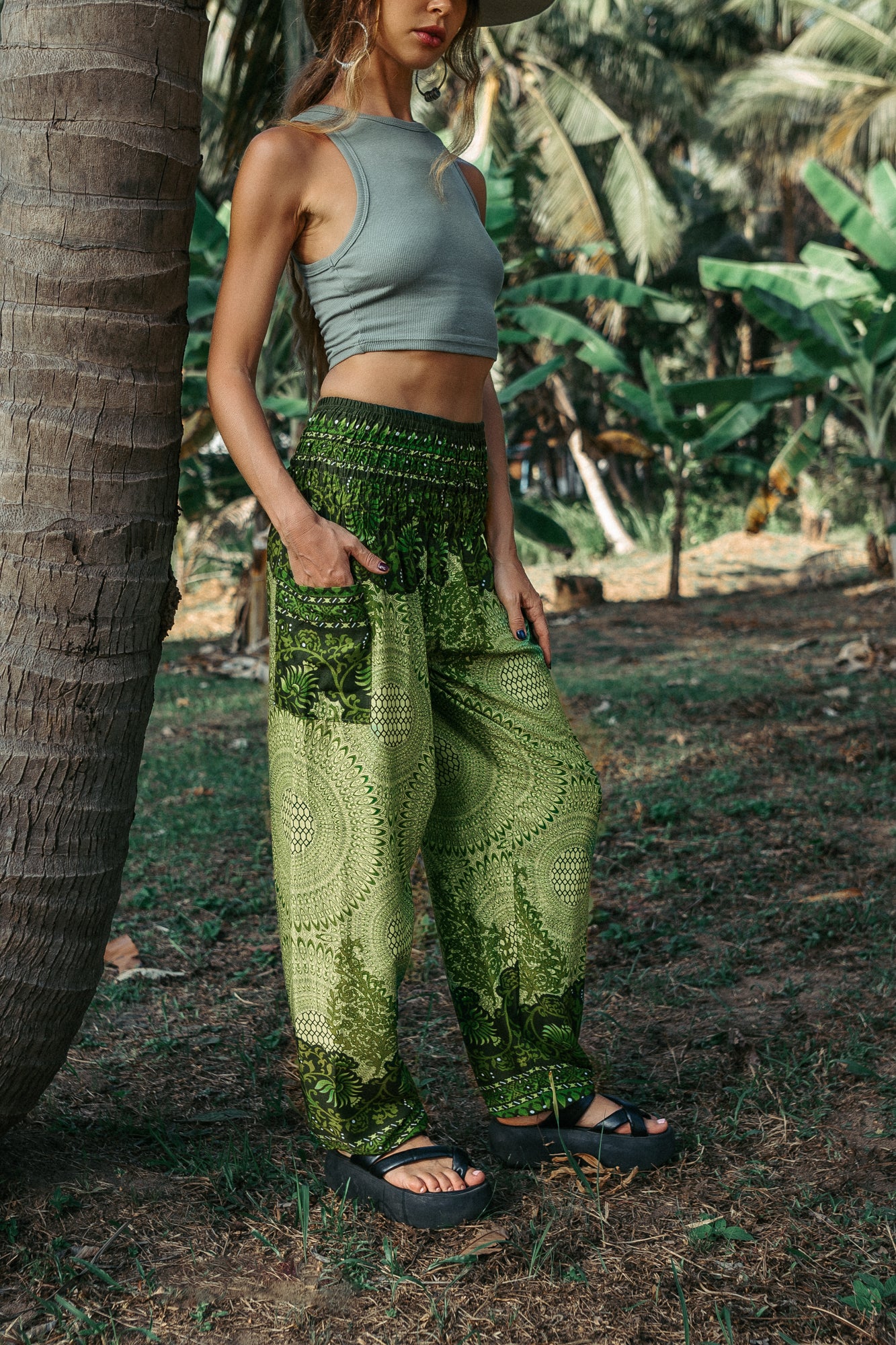 High Crotch Harem Pants - Cute Mandala - Green