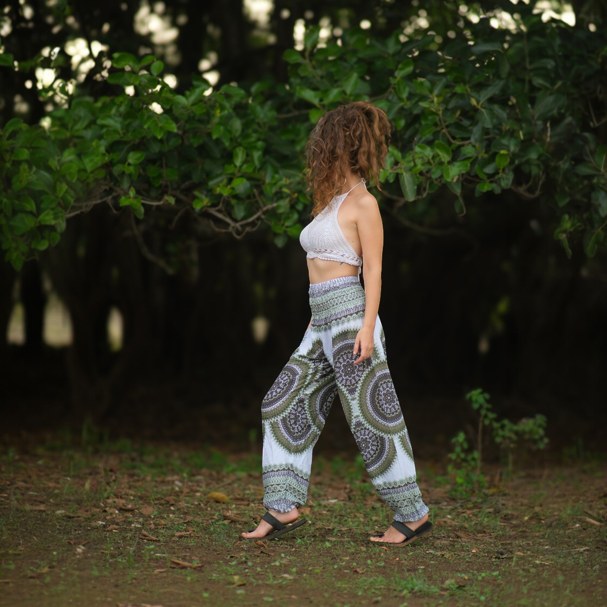 White Mandala High Cut Harem Pants - Green