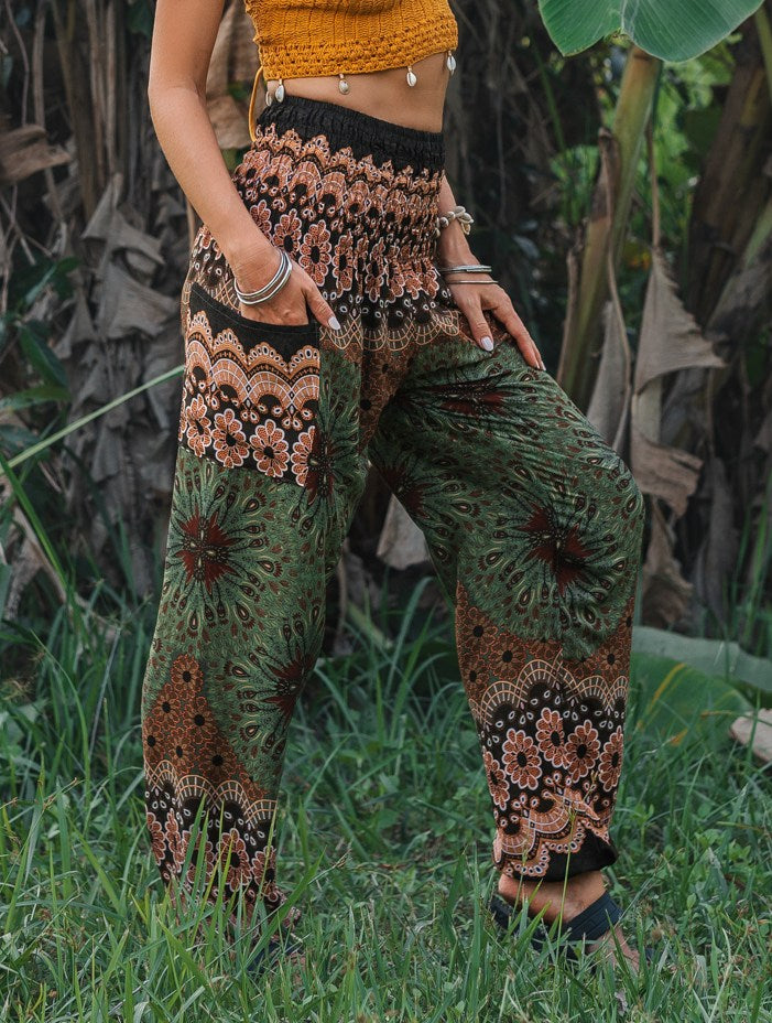 High Crotch Harem Pants - Peacock Feather Mandala - Green