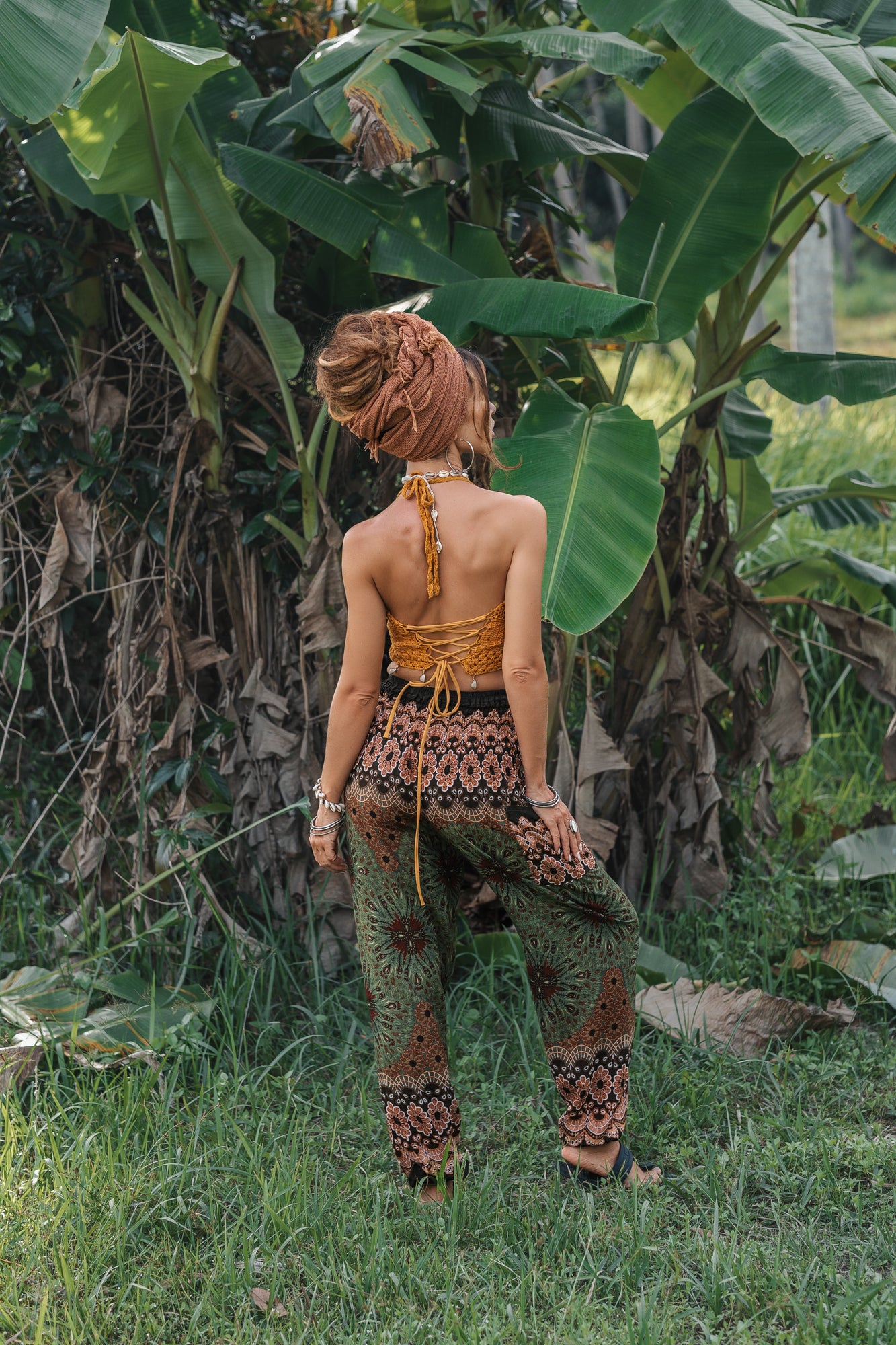 High Crotch Harem Pants - Peacock Feather Mandala - Green