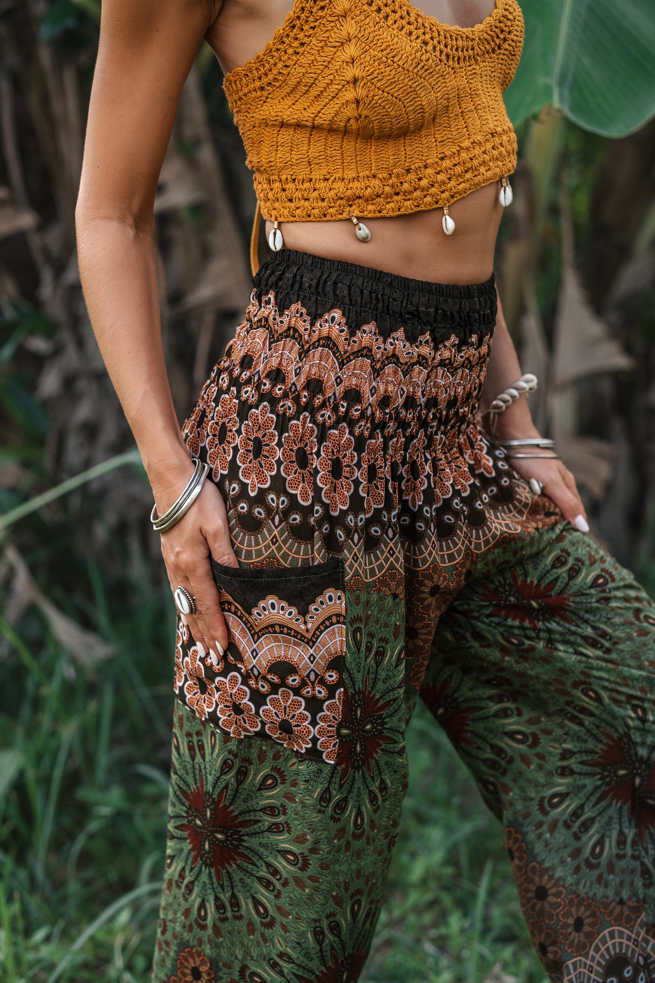 High Crotch Harem Pants - Peacock Feather Mandala - Green