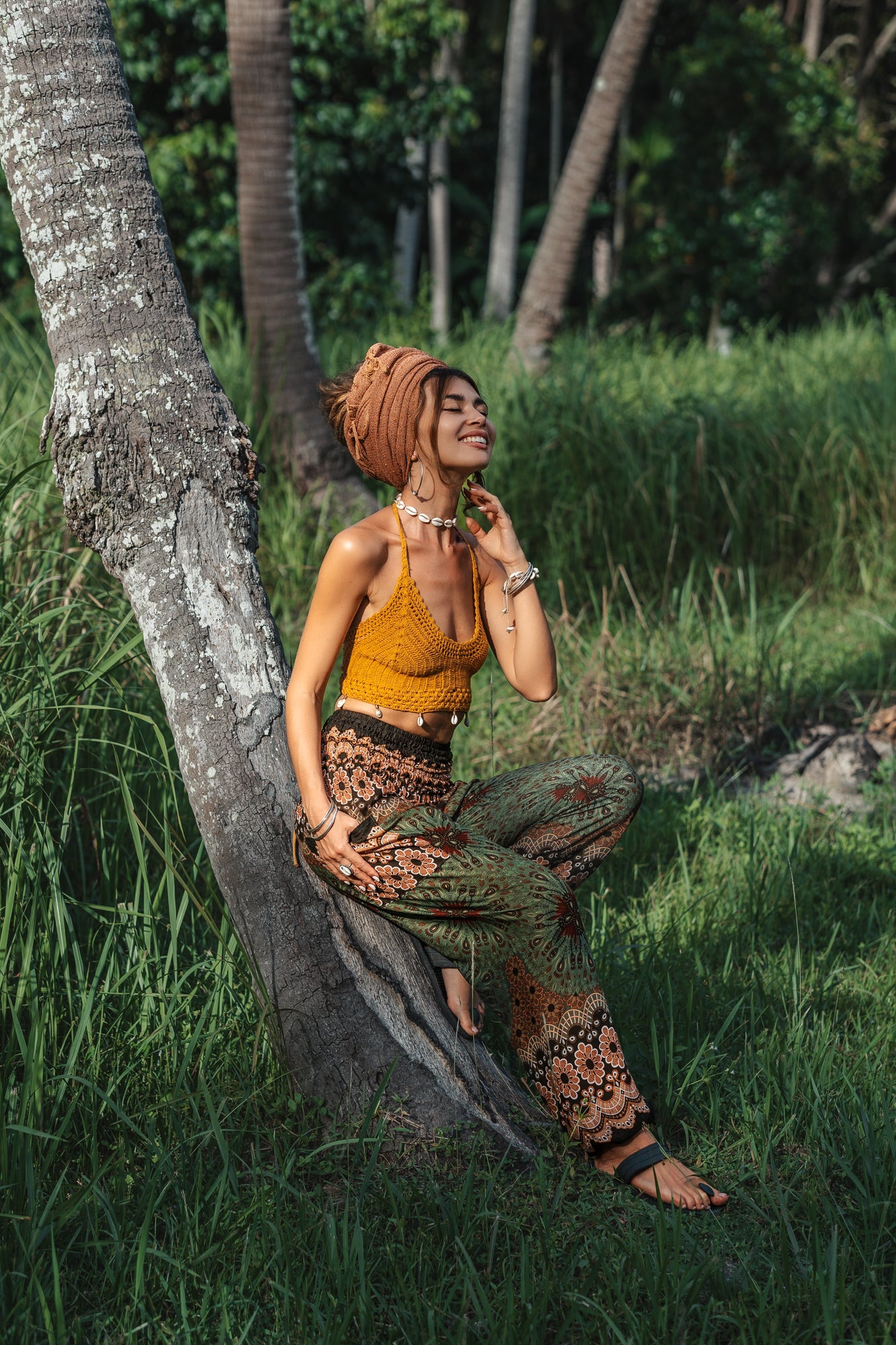 High Crotch Harem Pants - Peacock Feather Mandala - Green