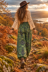 A woman wearing a brown wide-brim hat, cream crochet top and green patterned wide-leg Autumn harem pants walks along a rocky path in an autumn mountain landscape at sunset.