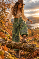 A woman wearing a brown wide-brim hat, cream crochet top, green patterned wide-leg warm pants, and brown boots walks across a mossy log in an outdoor autumn landscape at sunset.