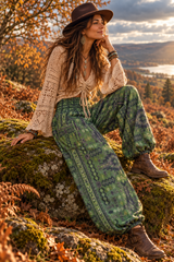A woman sits on a mossy rock outdoors in an autumn landscape, wearing a brown wide-brim hat, cream crochet top, lush green patterned harem pants with pockets, and brown boots.