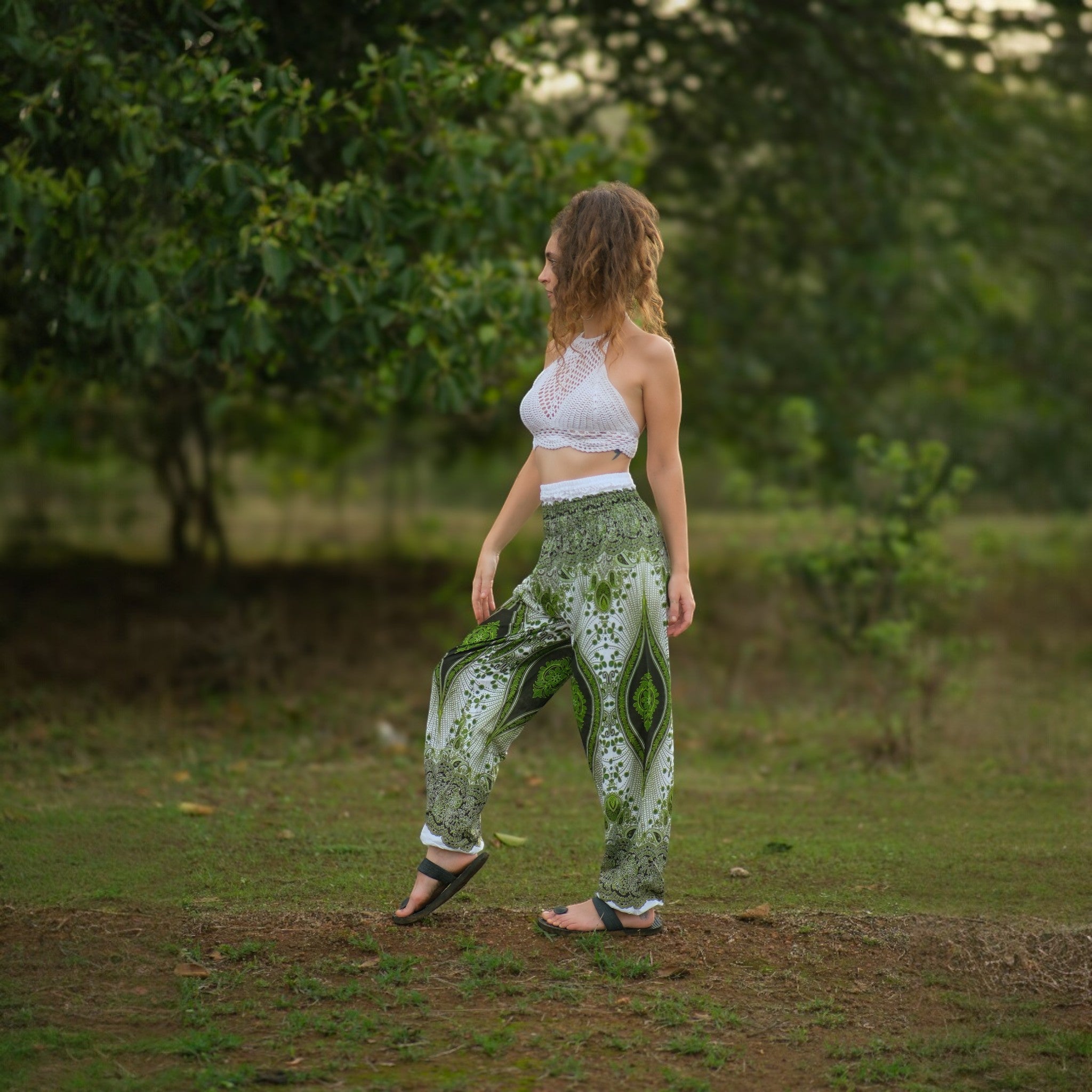 White Peacock Feather High Cut Harem Pants – Green