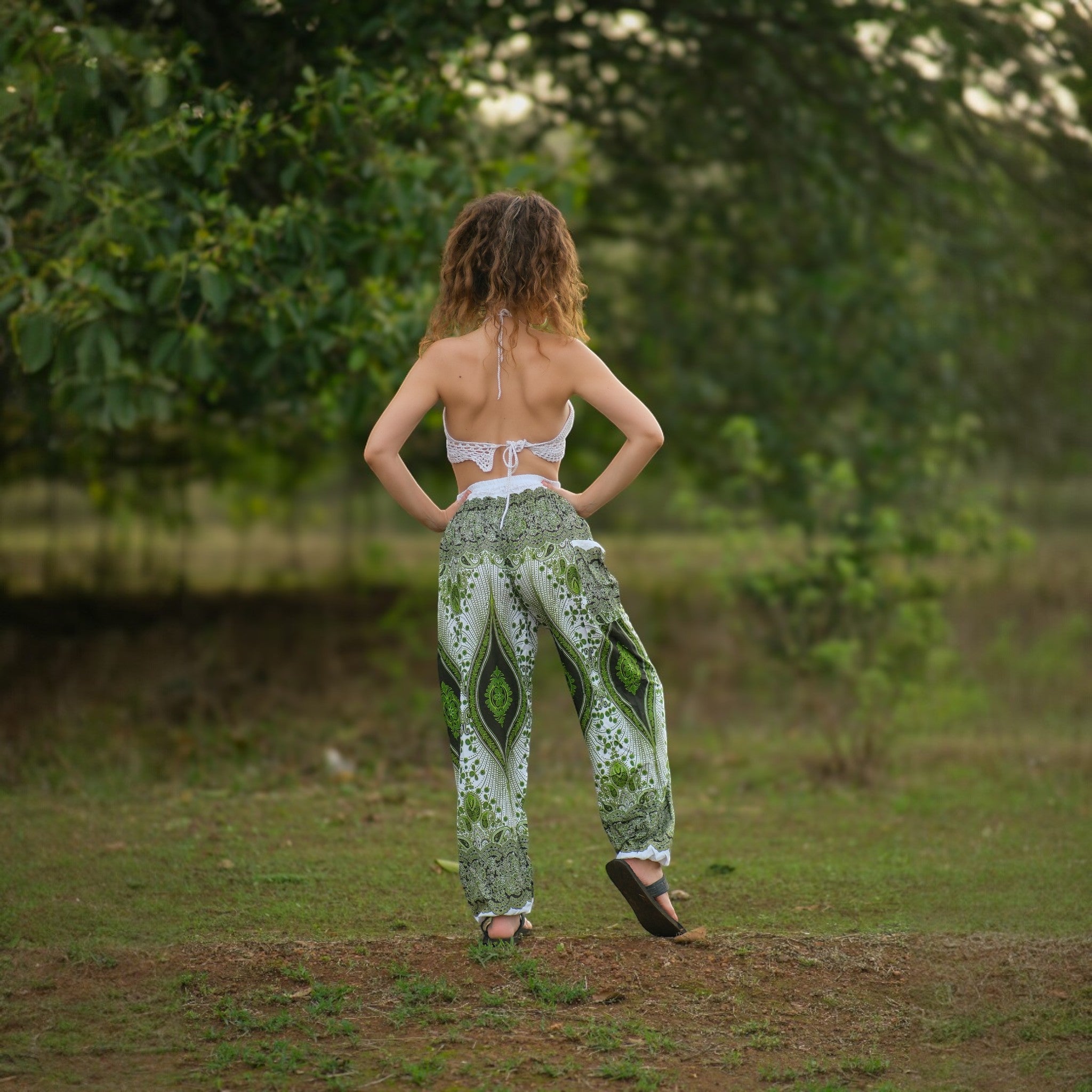 White Peacock Feather High Cut Harem Pants – Green