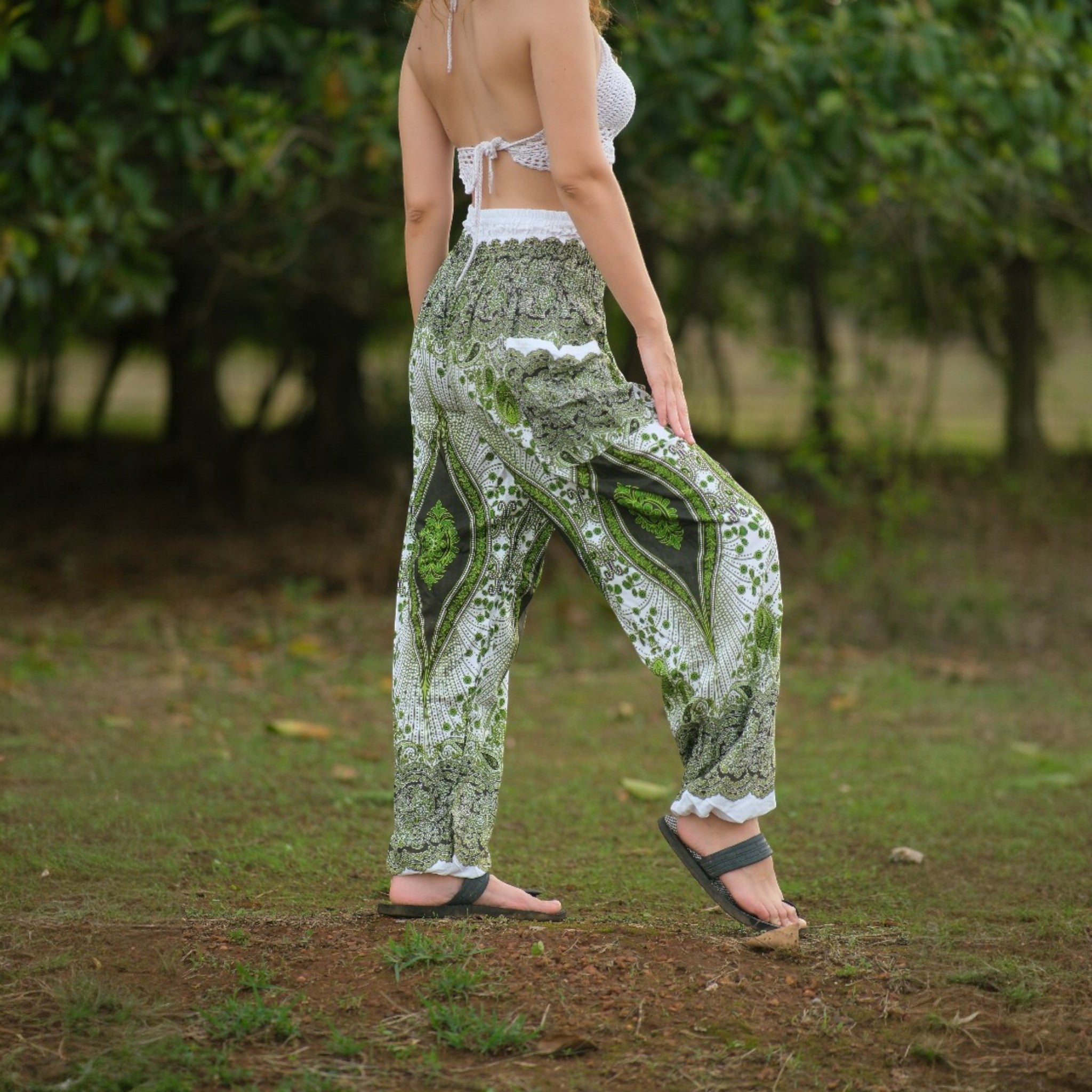 White Peacock Feather High Cut Harem Pants – Green