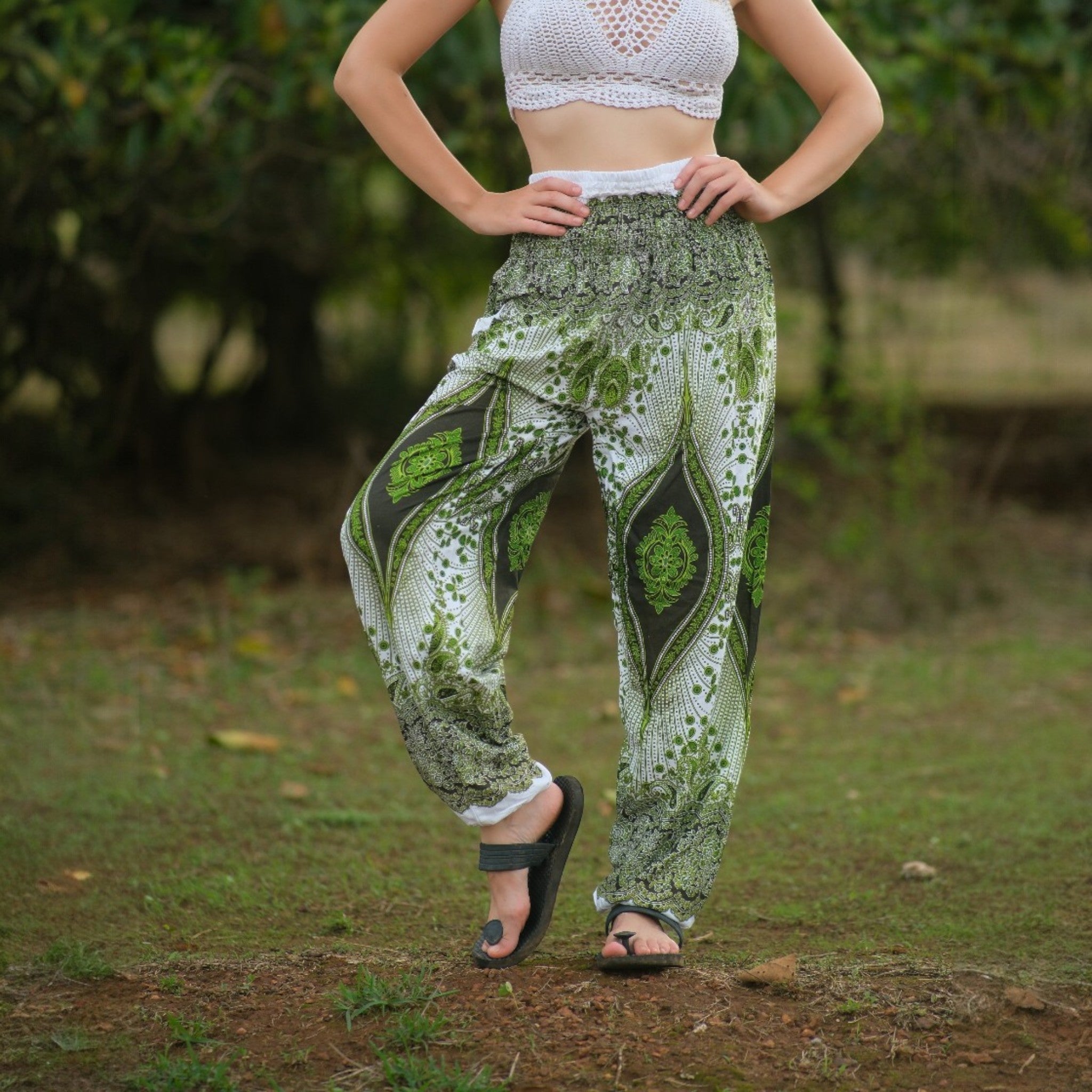 White Peacock Feather High Cut Harem Pants – Green