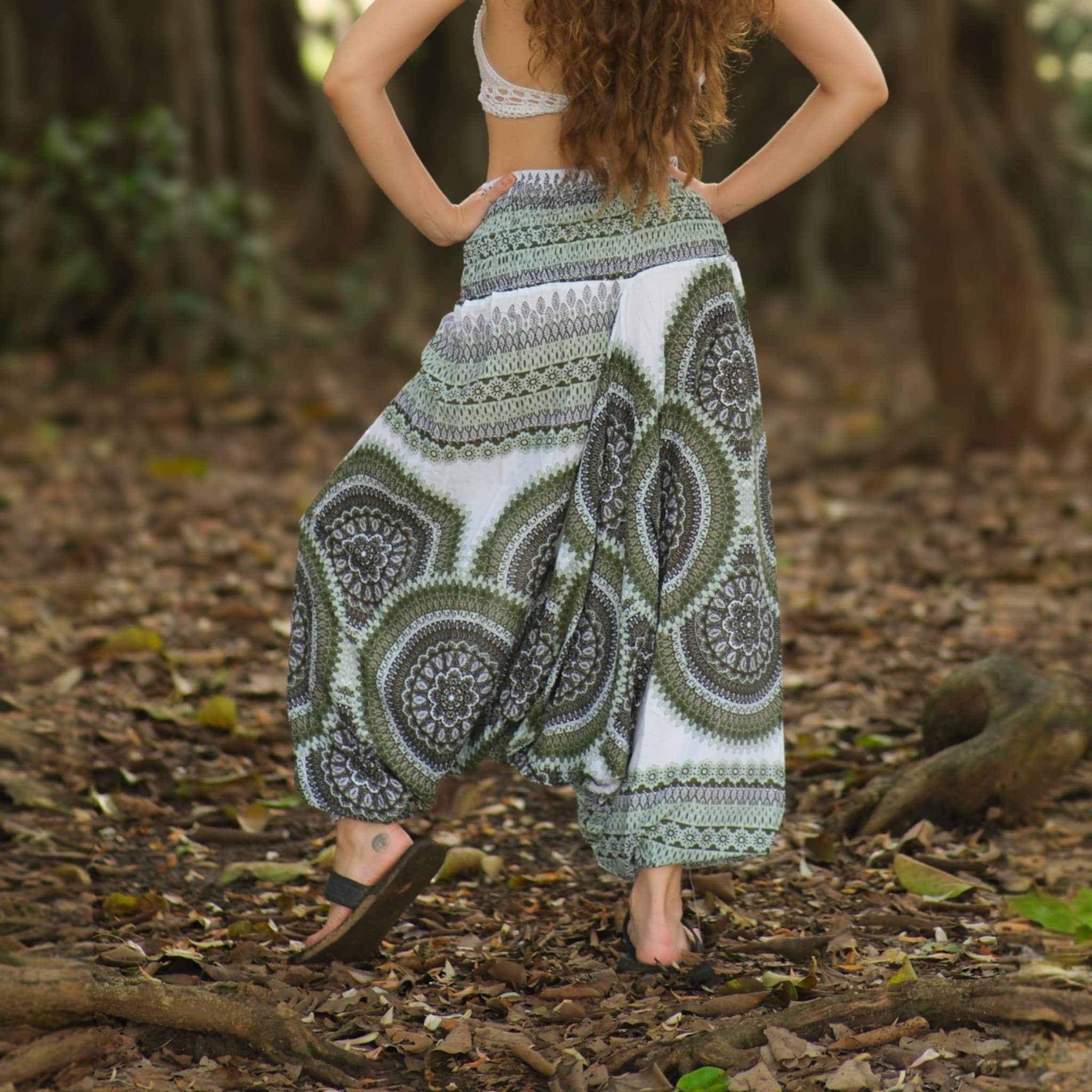 Green and white mandala harem pants with low crotch design, lightweight boho yoga trousers for festivals, dance, and hippie style comfort