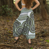 Green and white mandala harem pants with low crotch design, lightweight boho yoga trousers for festivals, dance, and hippie style comfort