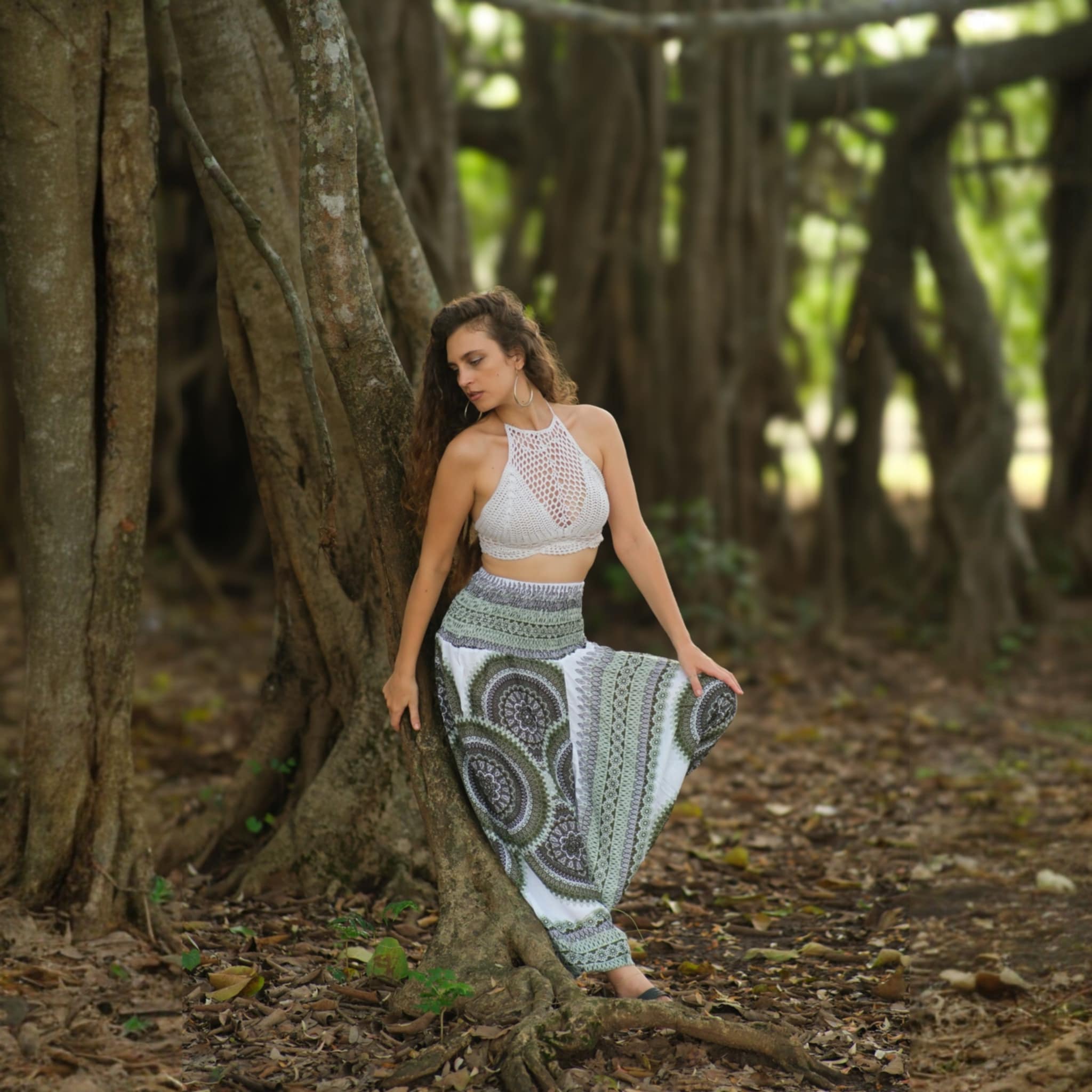 Green & White Mandala Harem Pants – Lightweight Rayon Yoga Trousers | Boho Festival & Hippie Style