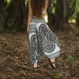 Green & White Mandala Harem Pants – Lightweight Rayon Yoga Trousers | Boho Festival & Hippie Style