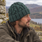Green & Charcoal Cableknit Wool Hat - Fleece Lined