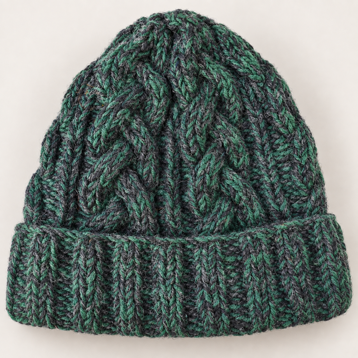 Green & Charcoal Cableknit Wool Hat - Fleece Lined