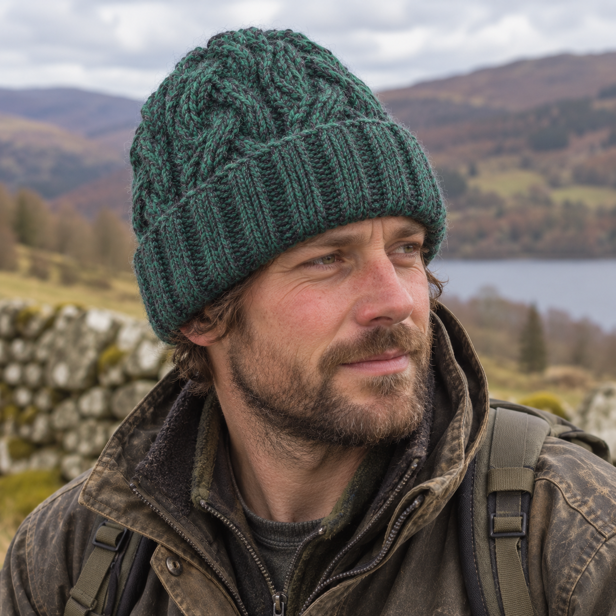 Green & Charcoal Cableknit Wool Hat - Fleece Lined
