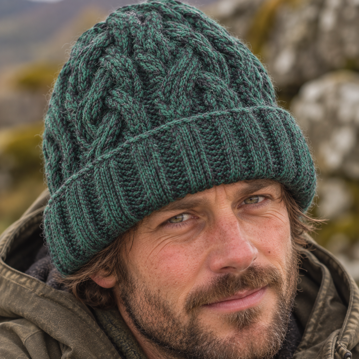 Green & Charcoal Cableknit Wool Hat - Fleece Lined
