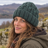 Green & Charcoal Cableknit Wool Hat - Fleece Lined