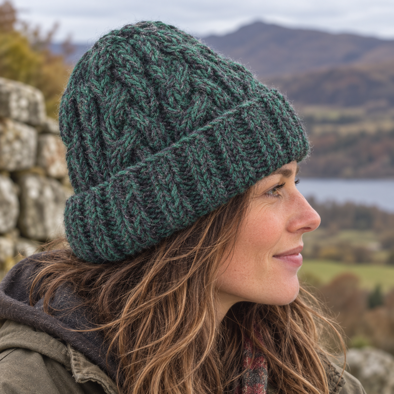 Green & Charcoal Cableknit Wool Hat - Fleece Lined