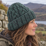 Green & Charcoal Cableknit Wool Hat - Fleece Lined