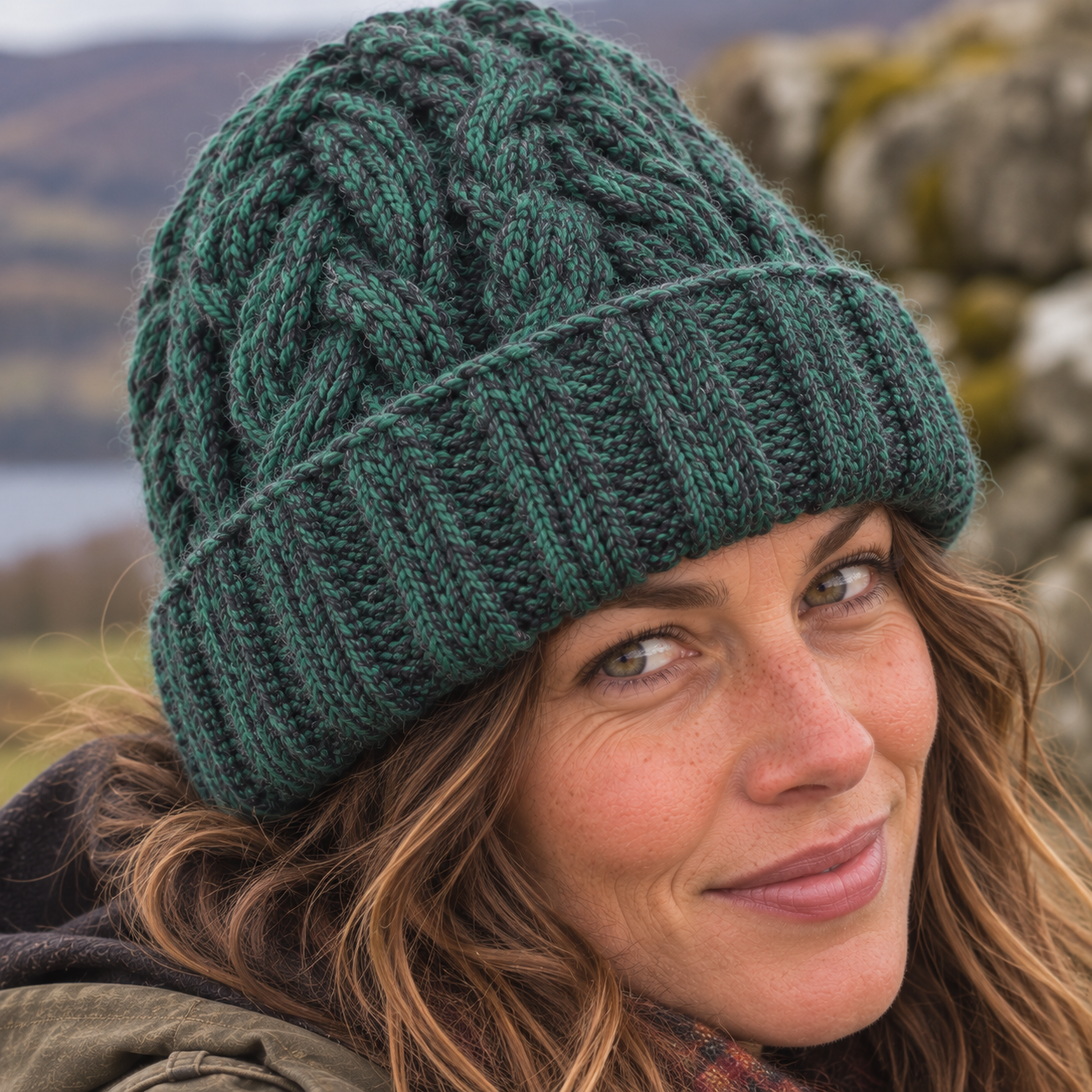 Green & Charcoal Cableknit Wool Hat - Fleece Lined