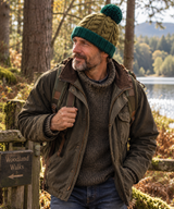 Green Chunky Cable Knit Wool Hat with Pom Pom - Fleece Lined