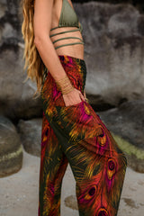 High Crotch Harem Pants - Flame Peacock Feather - Green