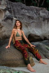 High Crotch Harem Pants - Flame Peacock Feather - Green
