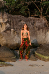 High Crotch Harem Pants - Flame Peacock Feather - Green