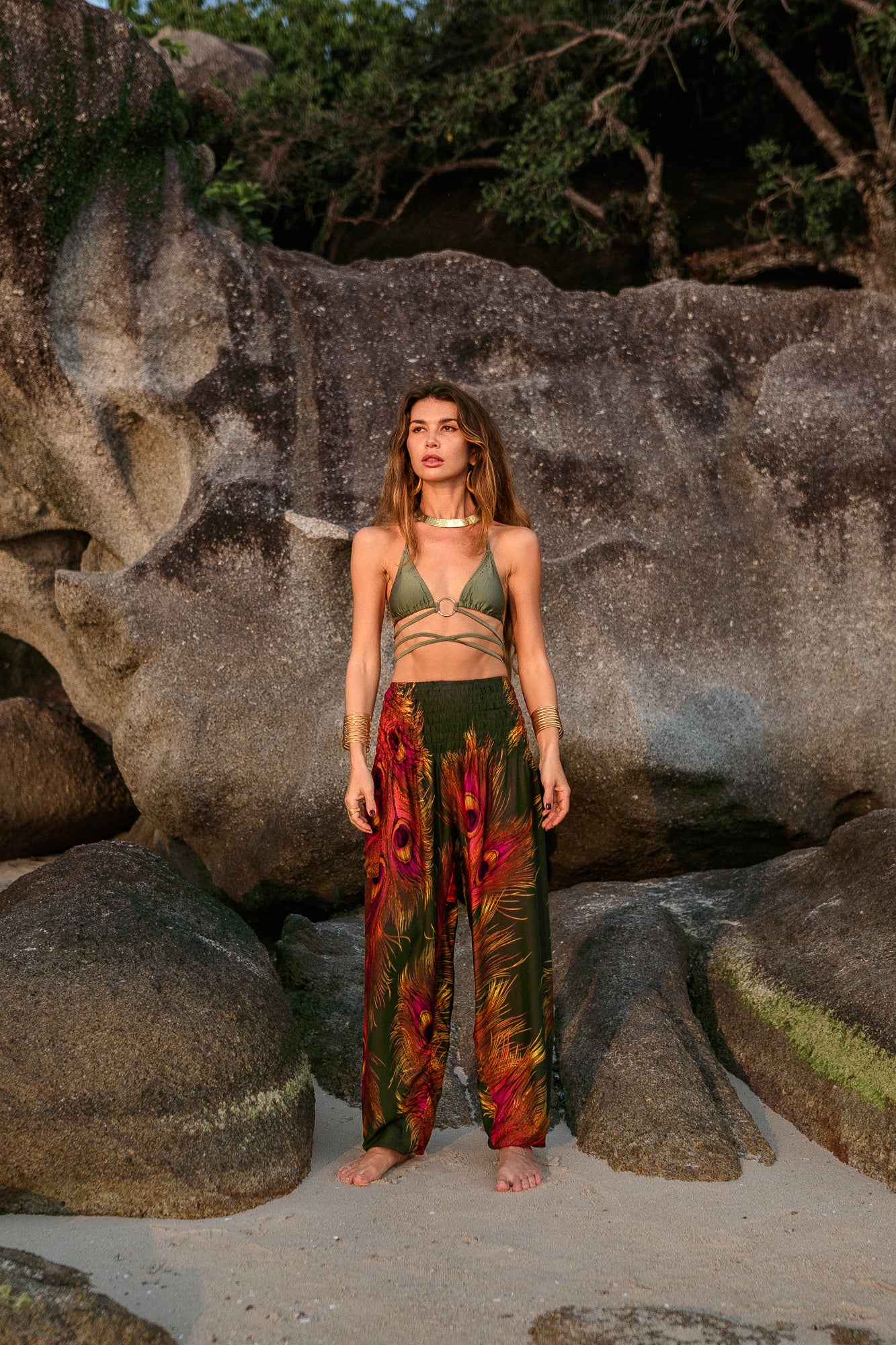 High Crotch Harem Pants - Flame Peacock Feather - Green